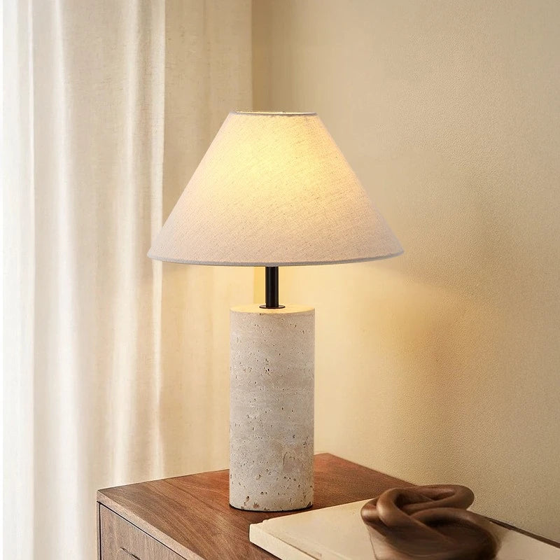 Travertine Table Lamp with Fabric Shade – Wabi Sabi Bedside Lighting